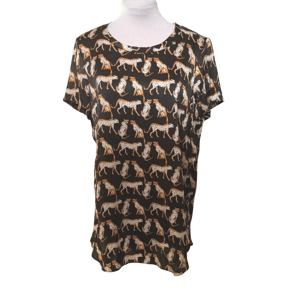 Acrobat 100% Silk Cheetah Leopard Print High Low Blouse Top Womens XS Black